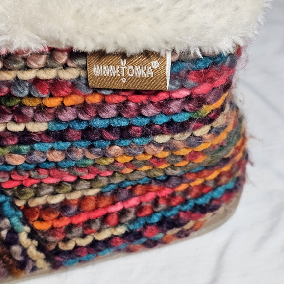 Minnetonka Betty striped faux fur bootie slippers in a multi-color knit fabric - Picture 3 of 4